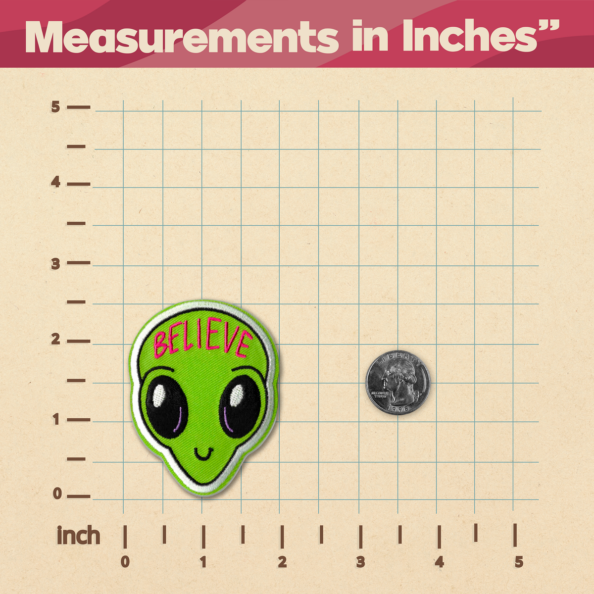 A ruler with a Believe Alien Patch from KosmicSoul sewn on it and a coin glued on it.