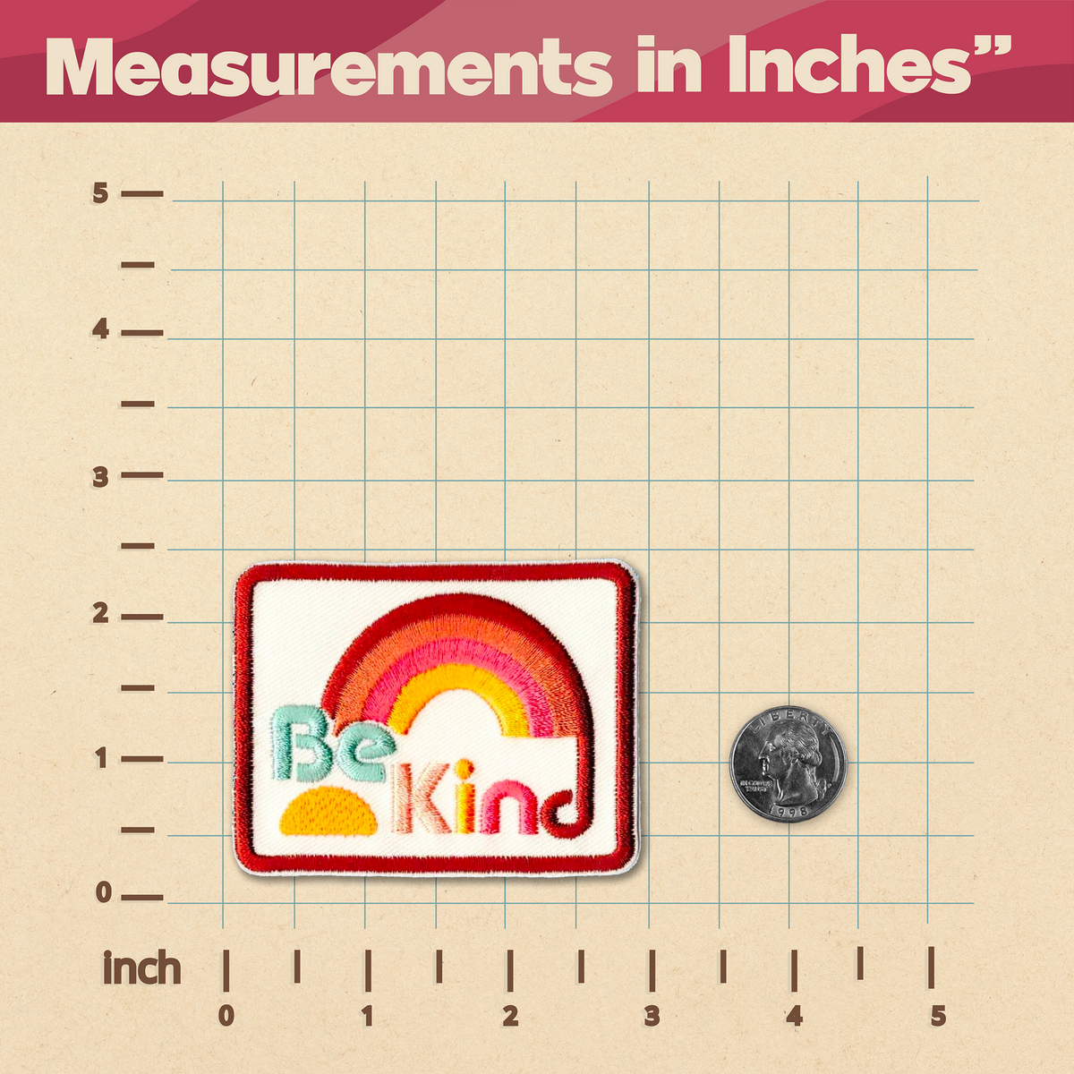KosmicSoul Be Kind Patch - iron on, measurements in inches.