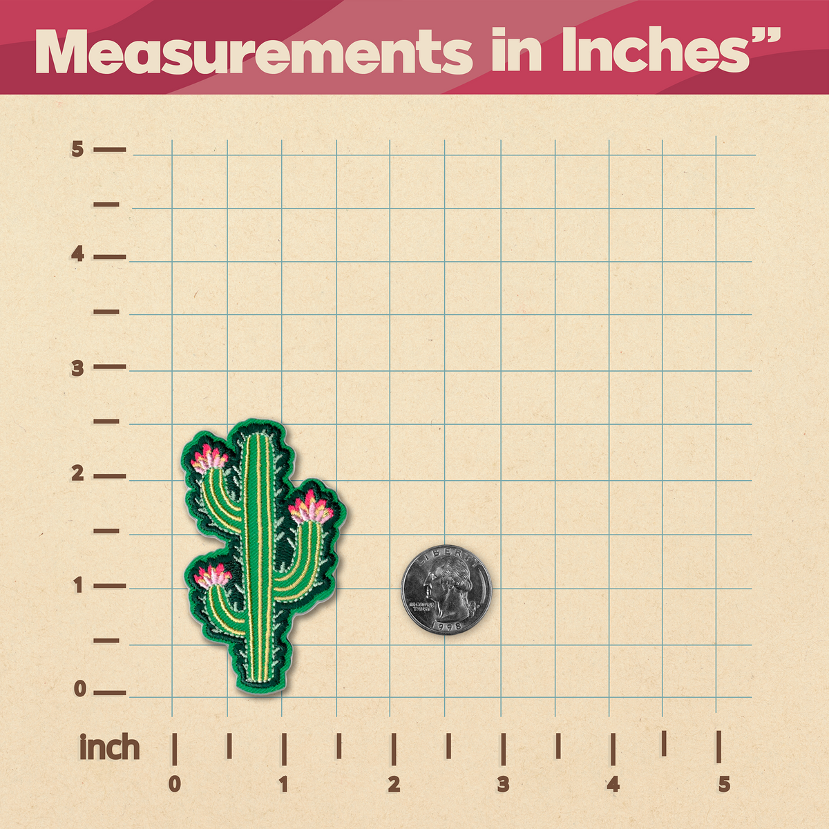 A Modern Cactus Patch ruler with a coin sewn on it from KosmicSoul.