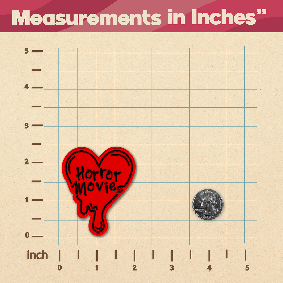 A Horror Movies Heart Patch by KosmicSoul, with the words measurements firmly sewn on in inches.