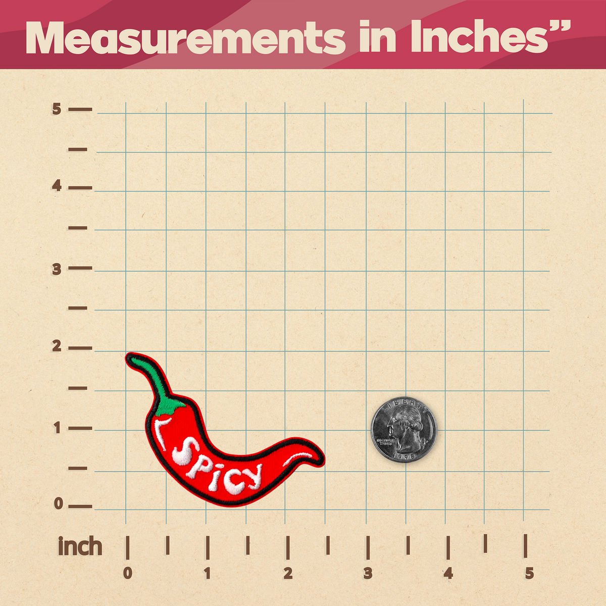 A chart showing measurements in inches with a &quot;Spicy Pepper Patch&quot; sewn on, made by KosmicSoul.