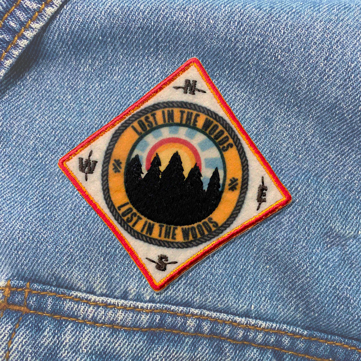 A Lost In The Woods Patch sewn on a denim jacket by KosmicSoul.