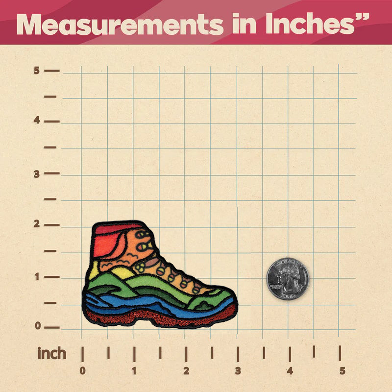 An image of a KosmicSoul Nature Hiking Shoe Patch with measurements in inches sewn on.