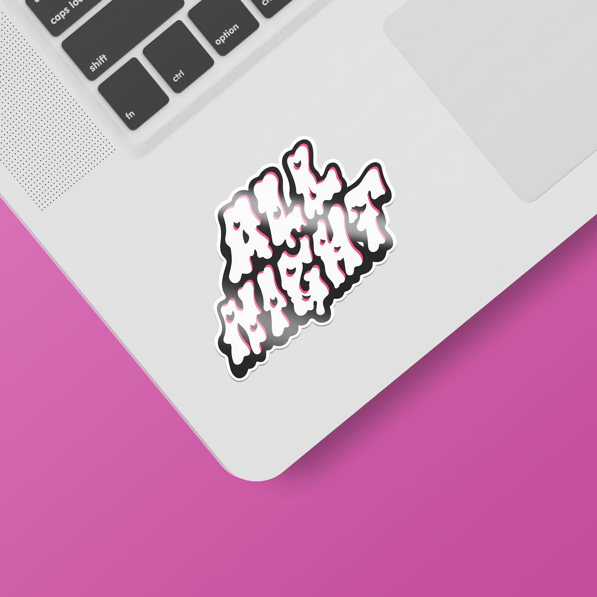 A pink laptop with the All Night Sticker by KosmicSoul on it, featuring a matte finish.