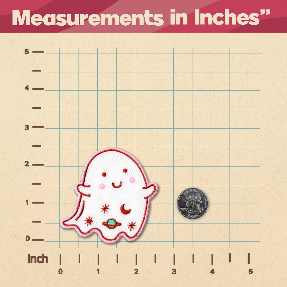 A Cute Ghost Patch with a ruler and a coin, sewn on by KosmicSoul.