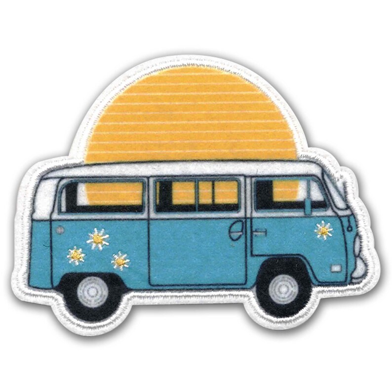 A blue KosmicSoul VW bus with sunflowers sewn on it, featuring the Sunset Bus Patch.