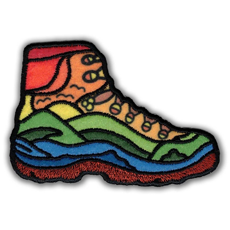 A KosmicSoul Nature Hiking Shoe Patch on a white background, sewn on.