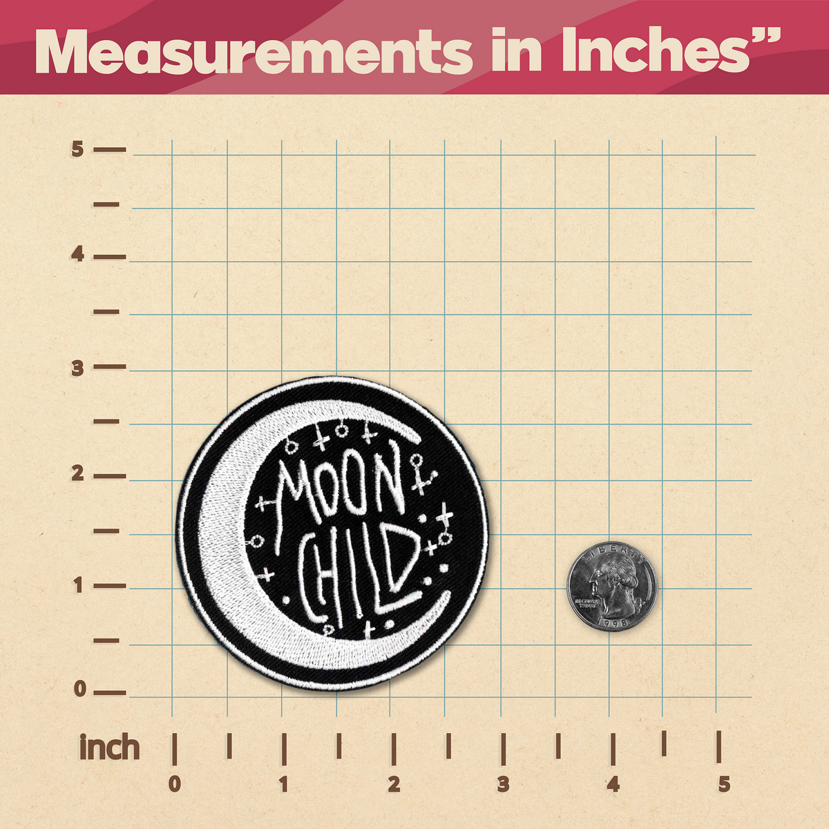 A Moon Child Patch with the words measurements in inches and a ruler ironed on, by KosmicSoul.