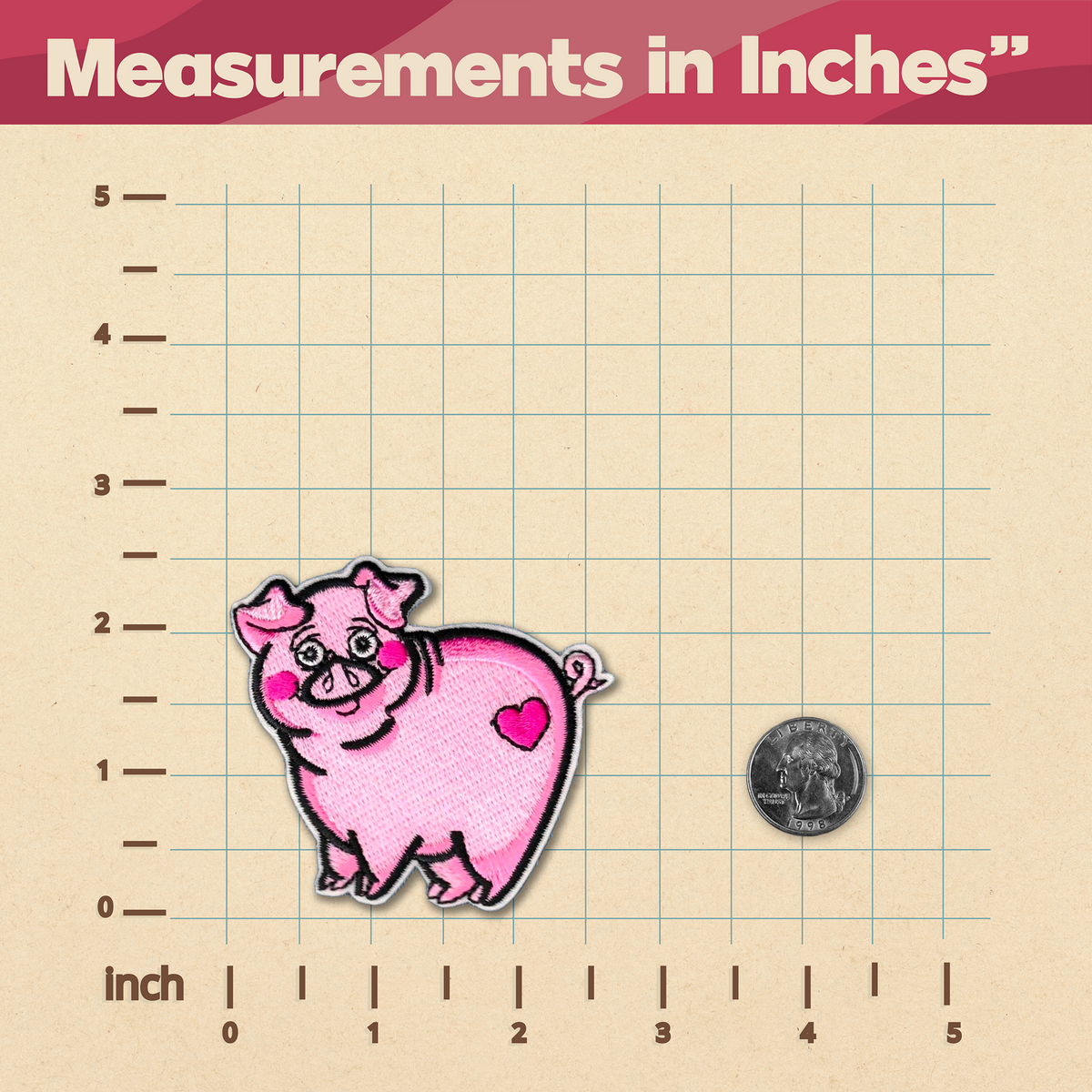 A KosmicSoul Cartoon Pig Patch with measurements in inches that are sewn on.