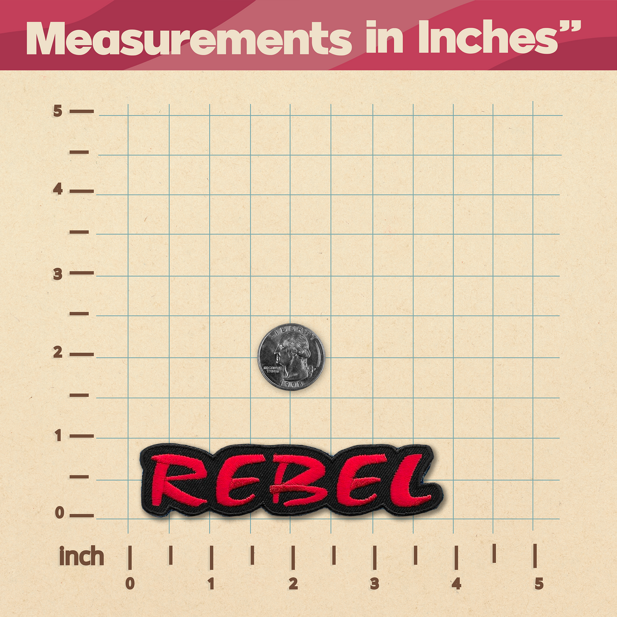 A KosmicSoul REBEL Patch with rebel measurements in inches and a coin.